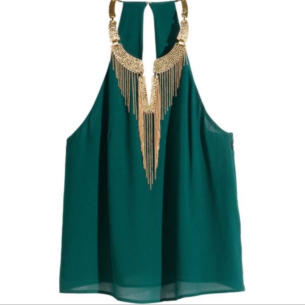 NWT H&M Emerald Chiffon Blouse Gold Chain 6